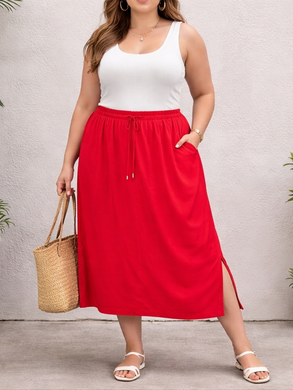 Faded Glory Red Midi Skirt XXL (20) Elastic Waist Casual Side Slit Lightweight